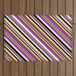 [ Thumbnail: Vibrant Tan, Brown, Dark Orchid, White & Black Colored Lines Pattern Outdoor Rug ]