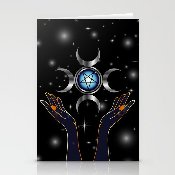 Triple Goddess pagan symbol and hands holding an inverted pentacle Stationery Cards