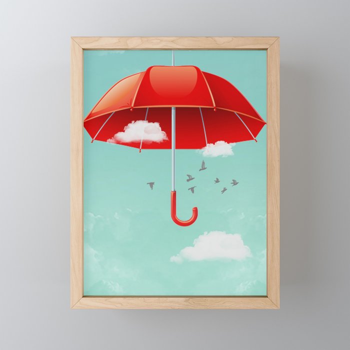 Teal Sky Red Umbrella Framed Mini Art Print