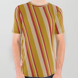 [ Thumbnail: Red, Tan, and Dark Goldenrod Colored Lined Pattern All Over Graphic Tee ]