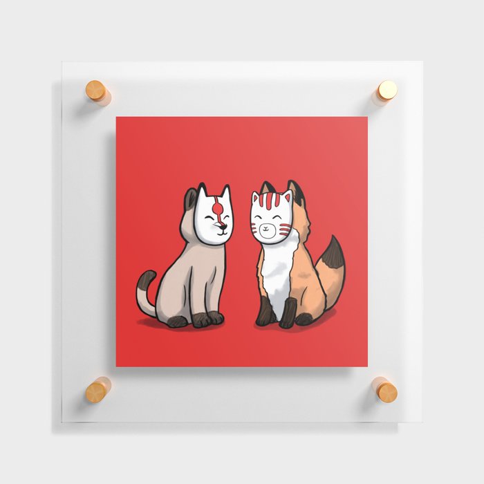 Cat and fox wearing japanese mask Floating Acrylic Print