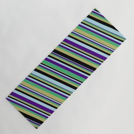 [ Thumbnail: Eye-catching Sea Green, Dark Khaki, Black, Light Blue, and Indigo Colored Striped/Lined Pattern Yoga Mat ]