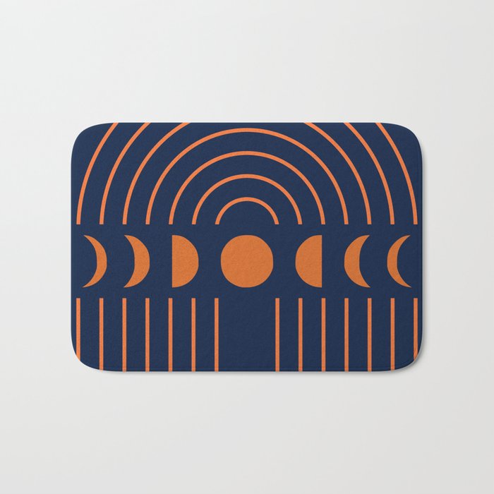 Geometric Lines and Shapes 11 in Navy Blue Orange (Rainbow and Moon Phases Abstract) Bath Mat