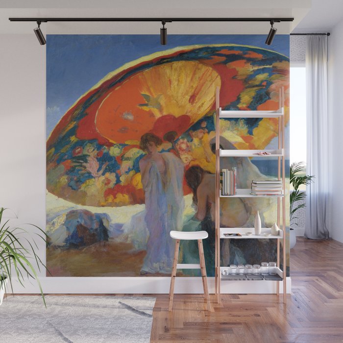 Reflected Shadows; Red-Gold Umbrella with Women Changing at Beach Day End painting by Lluís Masriera Wall Mural