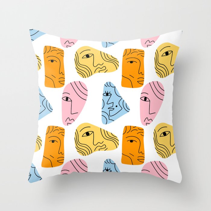 Abstract hand drawn people face seamless pattern  Throw Pillow