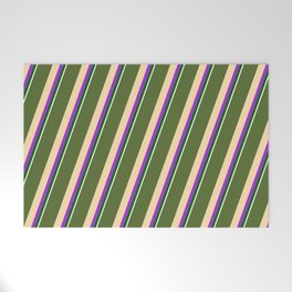 [ Thumbnail: Dark Olive Green, Tan, Dark Orchid, Dark Green, and White Colored Striped/Lined Pattern Welcome Mat ]