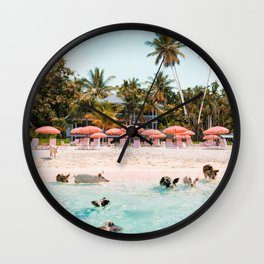 Pig Beach 2 Wall Clock | Pigs, Pig, Turquoise, Curated, Ocean, Photo, Island, Sea, Umbrellas, Tropicial 
