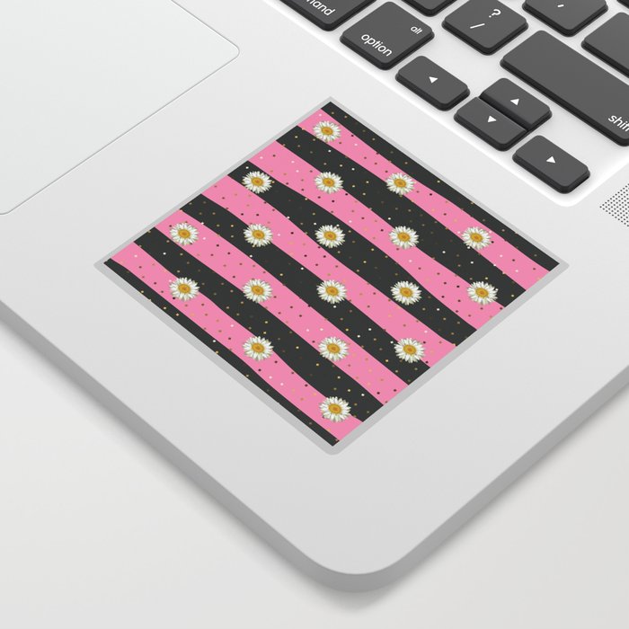 Daisy Flower seamless White and Yellow pattern and Gold Confetti on Gray and Hot Pink Stripes Background Sticker
