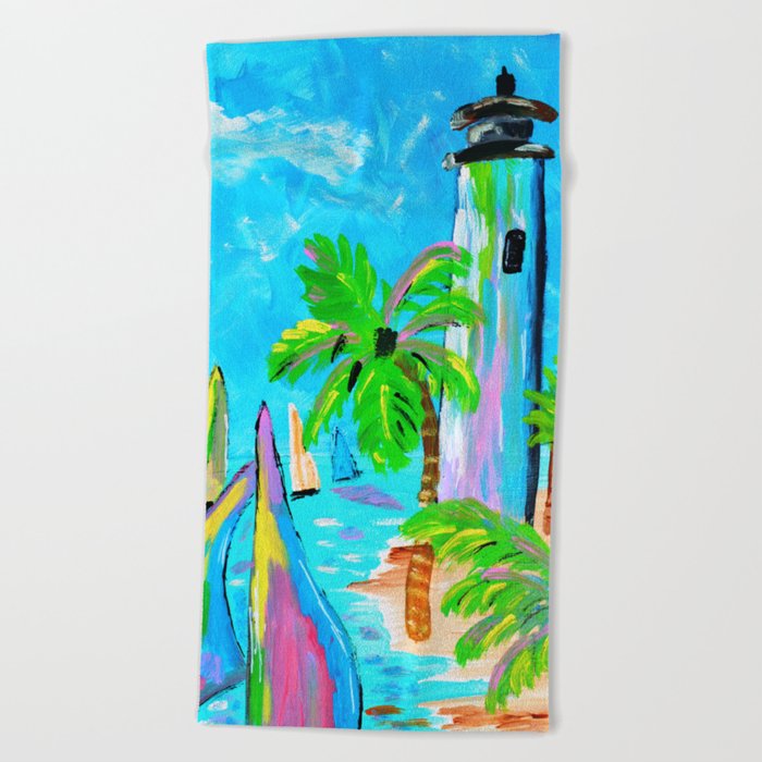 Colorful Lighthouse - Original acrylic artwork Dody Denman Beach Towel