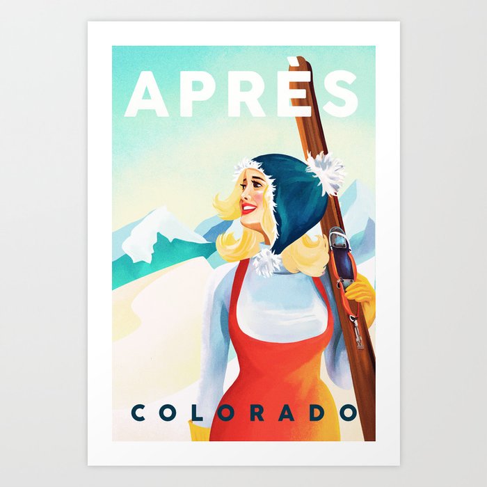 "Apres Ski Colorado" Cool Vintage Pinup Girl Skiing Design Art Print