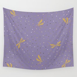 Gold Dragonfly Christmas seamless pattern and Gold Confetti on Purple Background Wall Tapestry