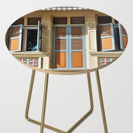 Traditional Singapore Peranakan or Straits Chinese shop house with decorative exterior and antique orange shutters in historic Geylang Side Table