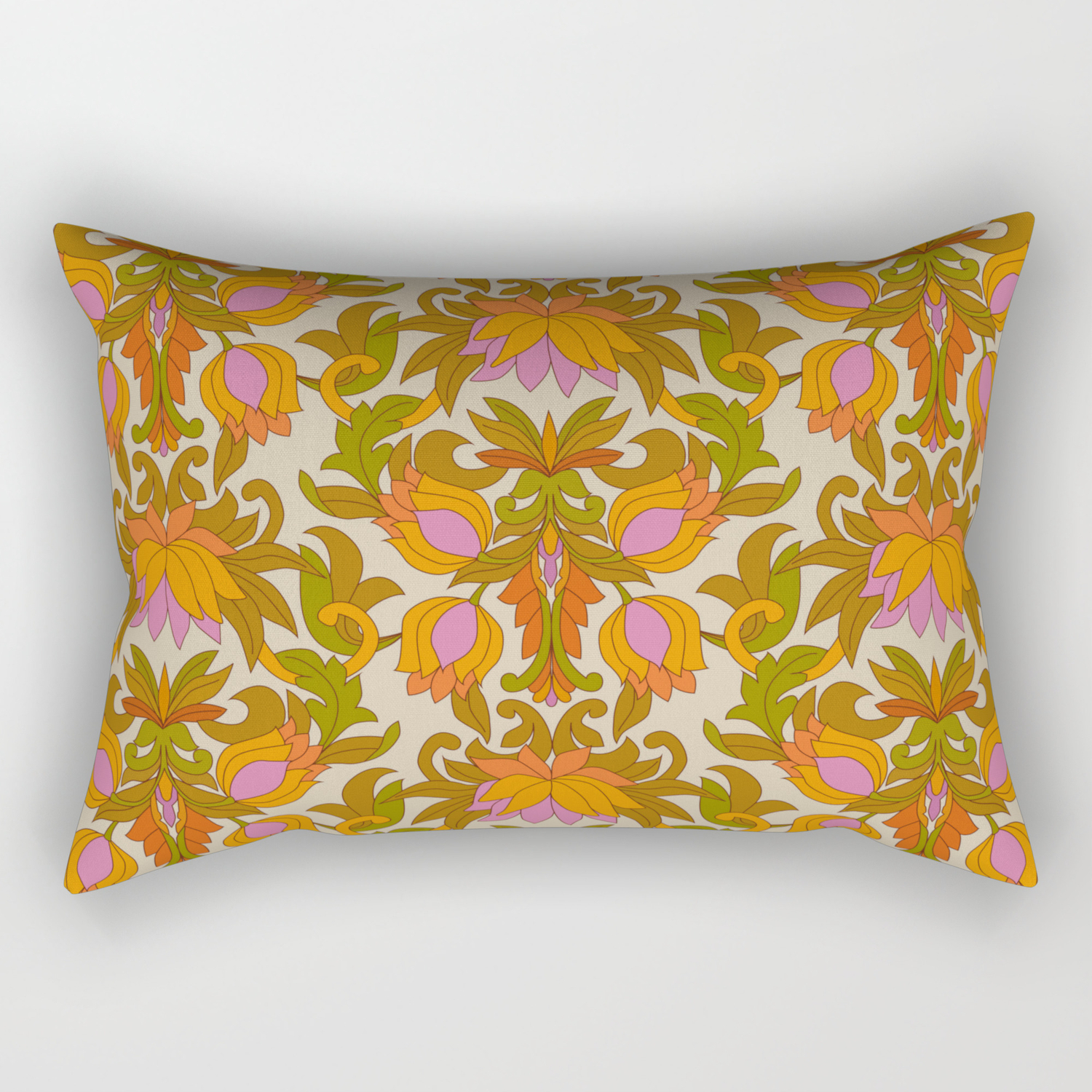Orange Pink Flowers And Green Leaves 1960s Retro Vintage Pattern