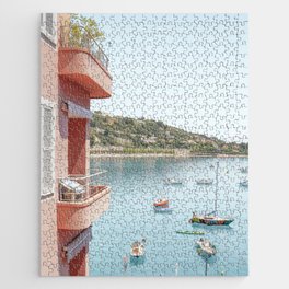 Balcony View in the South of France | French Riviera Blue Water Art Print | Pastel Color Summer Travel Photography Jigsaw Puzzle