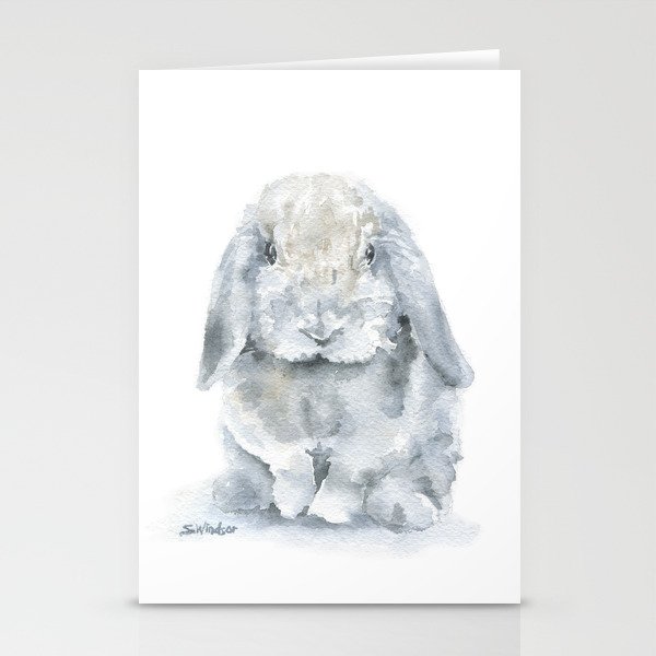 Mini Lop Gray Rabbit Watercolor Painting Stationery Cards