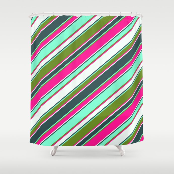 Vibrant Deep Pink, Mint Cream, Dark Slate Gray, Aquamarine, and Green Colored Lines/Stripes Pattern Shower Curtain