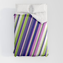 [ Thumbnail: Colorful Green, Dark Slate Blue, Blue, Orchid, and White Colored Stripes Pattern Comforter ]