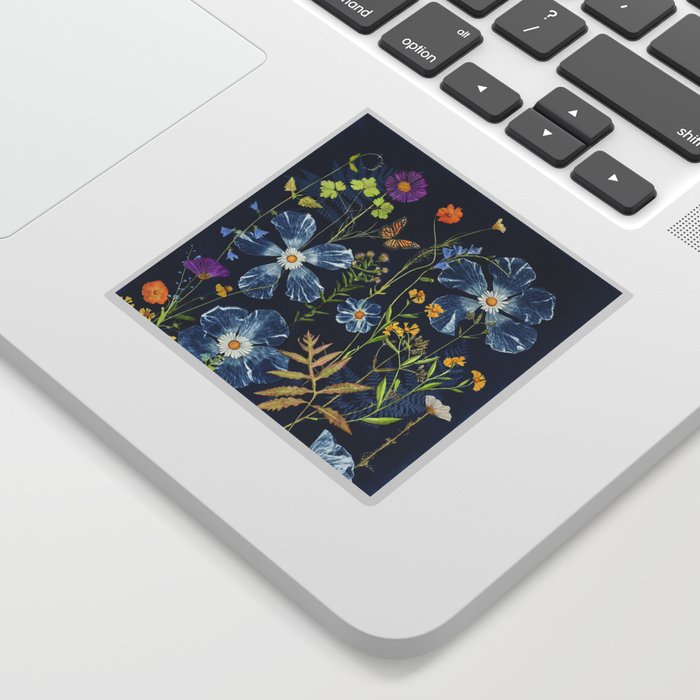Cyanotype Painting (Hibiscus, Daisies, Cosmos, Ferns, Monarch) Sticker