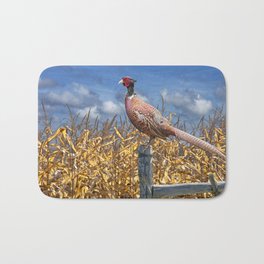 Ringneck Pheasant sitting on a fence post by a cornfield Bath Mat | Bird, Rooster, Farm, Golden, Harvest, Animal, Hunting, Nature, Fall, Cornfield 
