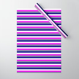 [ Thumbnail: Fuchsia, Slate Gray, Dark Blue & White Colored Lined Pattern Wrapping Paper ]