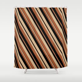 [ Thumbnail: Tan, Sienna & Black Colored Lines/Stripes Pattern Shower Curtain ]