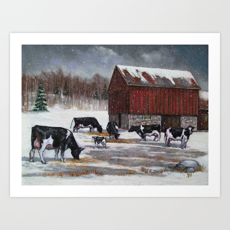 Holstein Dairy Cows In Snowy Barnyard Winter Farm Scene No 2 Art