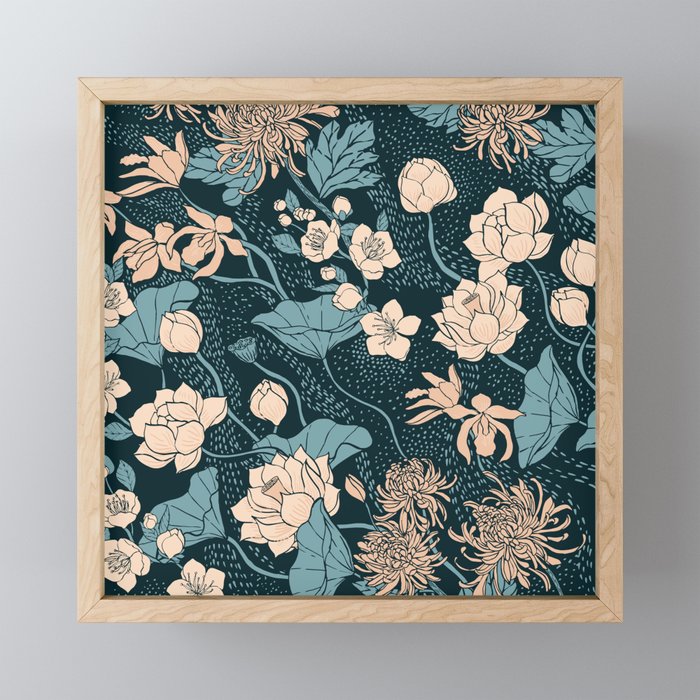 Flowers of the Four Seasons 四季名花 {Marine Blue} large Framed Mini Art Print