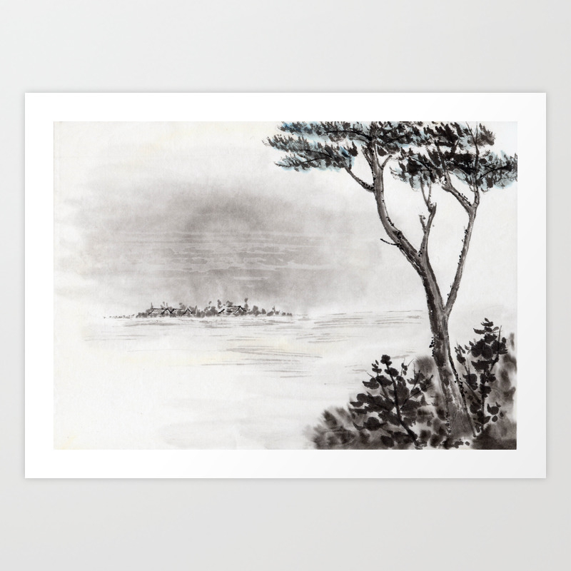 Chinese Ink And Brush Painting Of Trees And Mountains Art Print By