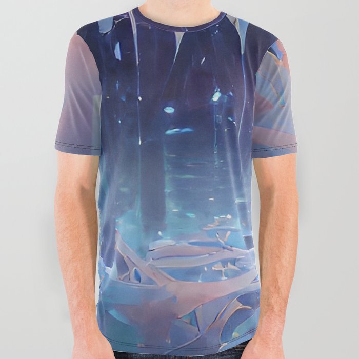 Abstract Blue Ice Frozen Landscape AI Art All Over Graphic Tee