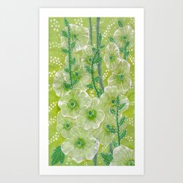 Hollyhock Mallows, Summer Flowers, Floral Collage Chartreuse Art Print