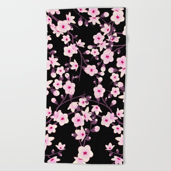 Cherry Blossoms Pink Black Beach Towel