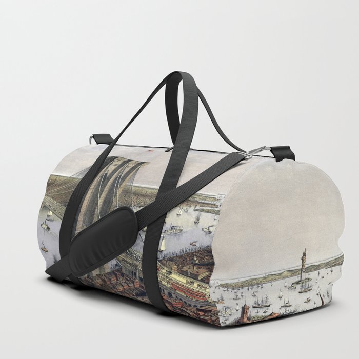 Grand birds eye view of the Great East River Suspension Bridge-2 map-pictorial illustration-drawing Duffle Bag