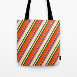 [ Thumbnail: Orchid, Pale Goldenrod, Dark Green, and Red Colored Striped/Lined Pattern Tote Bag ]