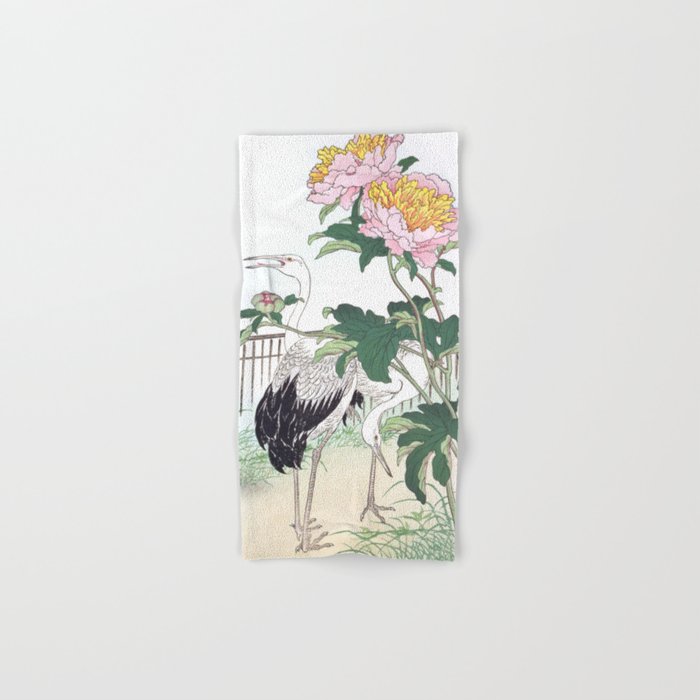 Kono Bairei - Two Cranes And Peony Flowers - Vintage Japanese Woodblock Print Art (1883) Hand & Bath Towel