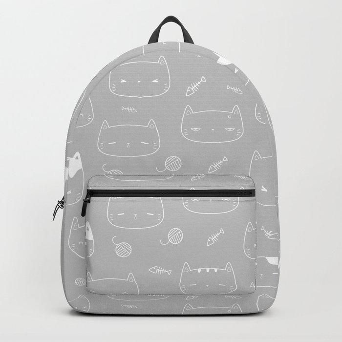 Light Grey and White Doodle Kitten Faces Pattern Backpack