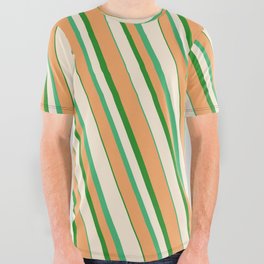 [ Thumbnail: Beige, Sea Green, Brown, and Forest Green Colored Striped/Lined Pattern All Over Graphic Tee ]