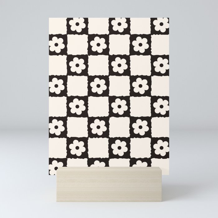 Retro Flower Checker in Black&White Mini Art Print