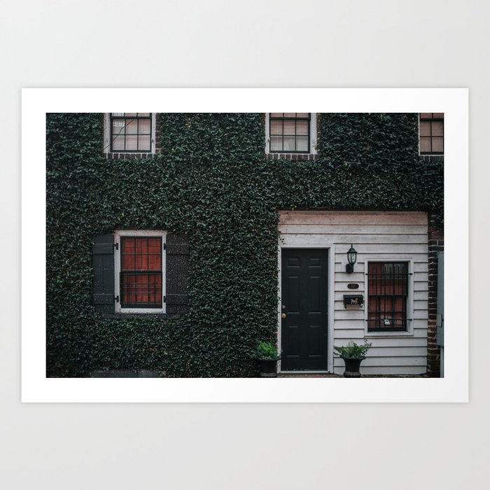Beautiful emerald green ivy walled home facade with green door color photograph art print Art Print