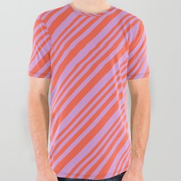 [ Thumbnail: Red and Plum Colored Pattern of Stripes All Over Graphic Tee ]