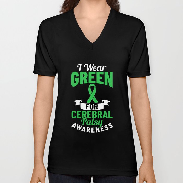 Cerebral Palsy Green Ribbon Brain Damage Awareness V Neck T Shirt
