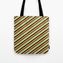 [ Thumbnail: Dark Goldenrod, Dark Sea Green, Green & Maroon Colored Lined Pattern Tote Bag ]