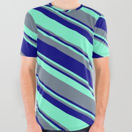 [ Thumbnail: Aquamarine, Slate Gray, and Blue Colored Pattern of Stripes All Over Graphic Tee ]