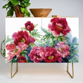 red сhinese peonies, watercolor drawing Credenza