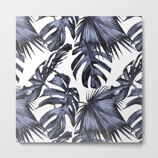 Classic Palm Leaves Navy Blue Metal Print