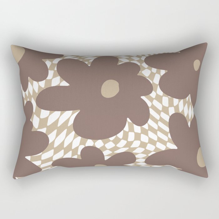 Retro Flowers on Warped Checkerboard \\ Cocoa Mocca Color Palette Rectangular Pillow