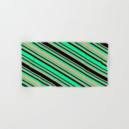 [ Thumbnail: Green, Tan, and Black Colored Striped/Lined Pattern Hand & Bath Towel ]