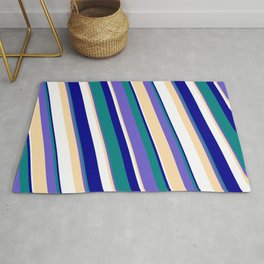 [ Thumbnail: Eyecatching Teal, Slate Blue, Tan, White, and Dark Blue Colored Stripes Pattern Rug ]