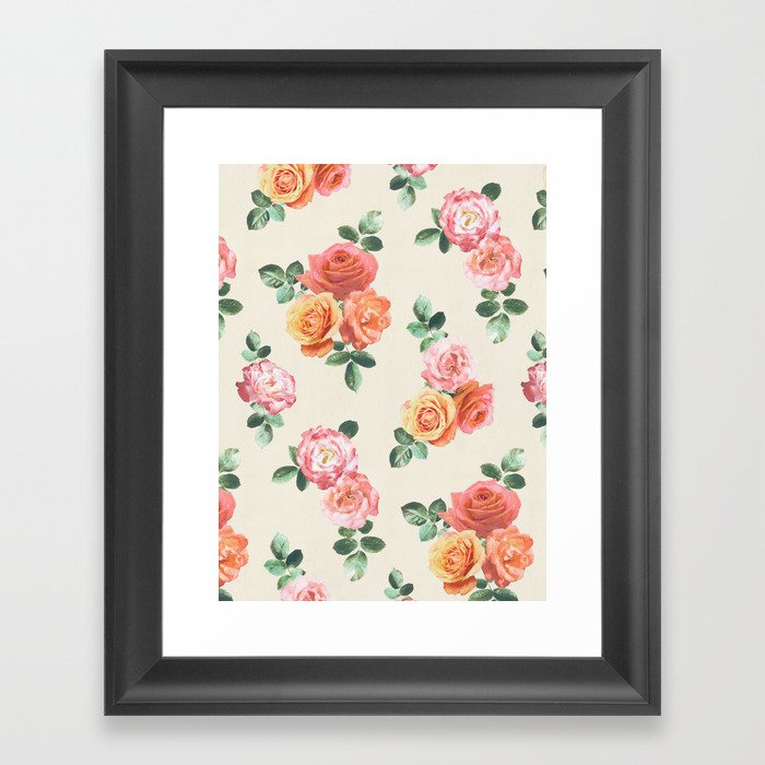 Retro Peach and Pink Roses Framed Art Print