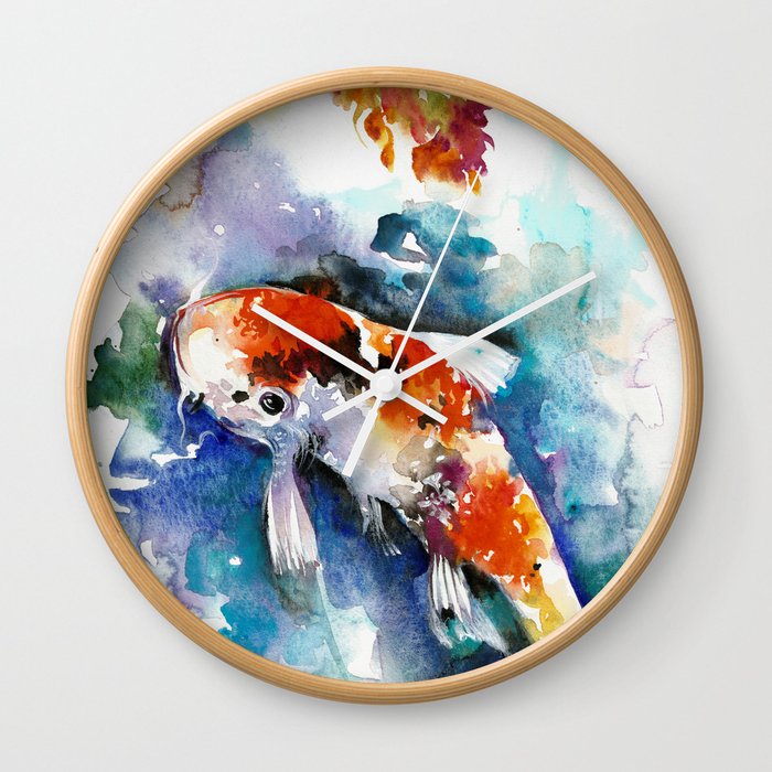 Koi Fish In The Pond Zen Watercolor Wall Clock By Soostiberiu