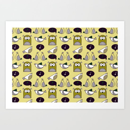 owl and birds pattern Art Print